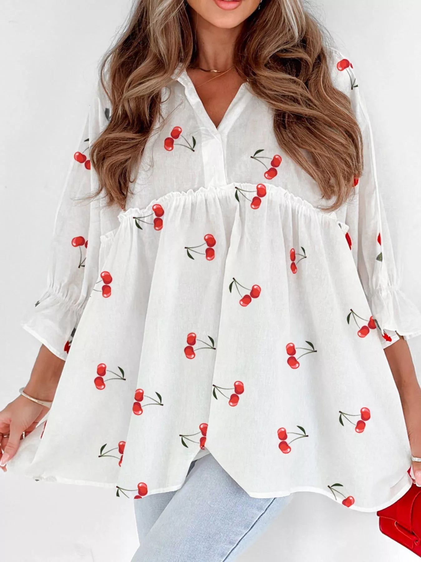 Cherry Print Flounce Sleeve Collared Frilled Babydoll Blouse designed for comfort and style at Lookzlike
