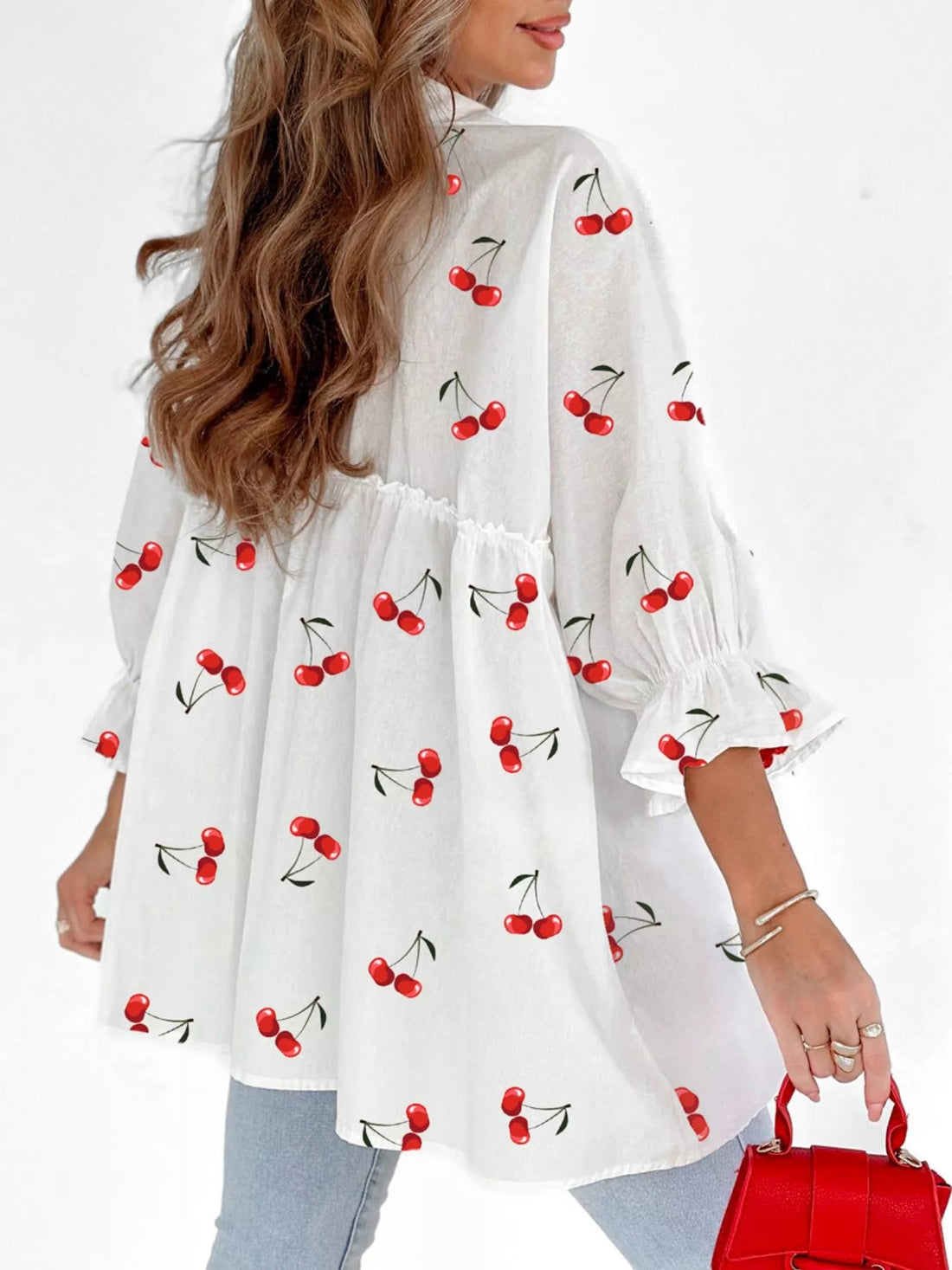 Cherry Print Flounce Sleeve Collared Frilled Babydoll Blouse designed for comfort and style at Lookzlike