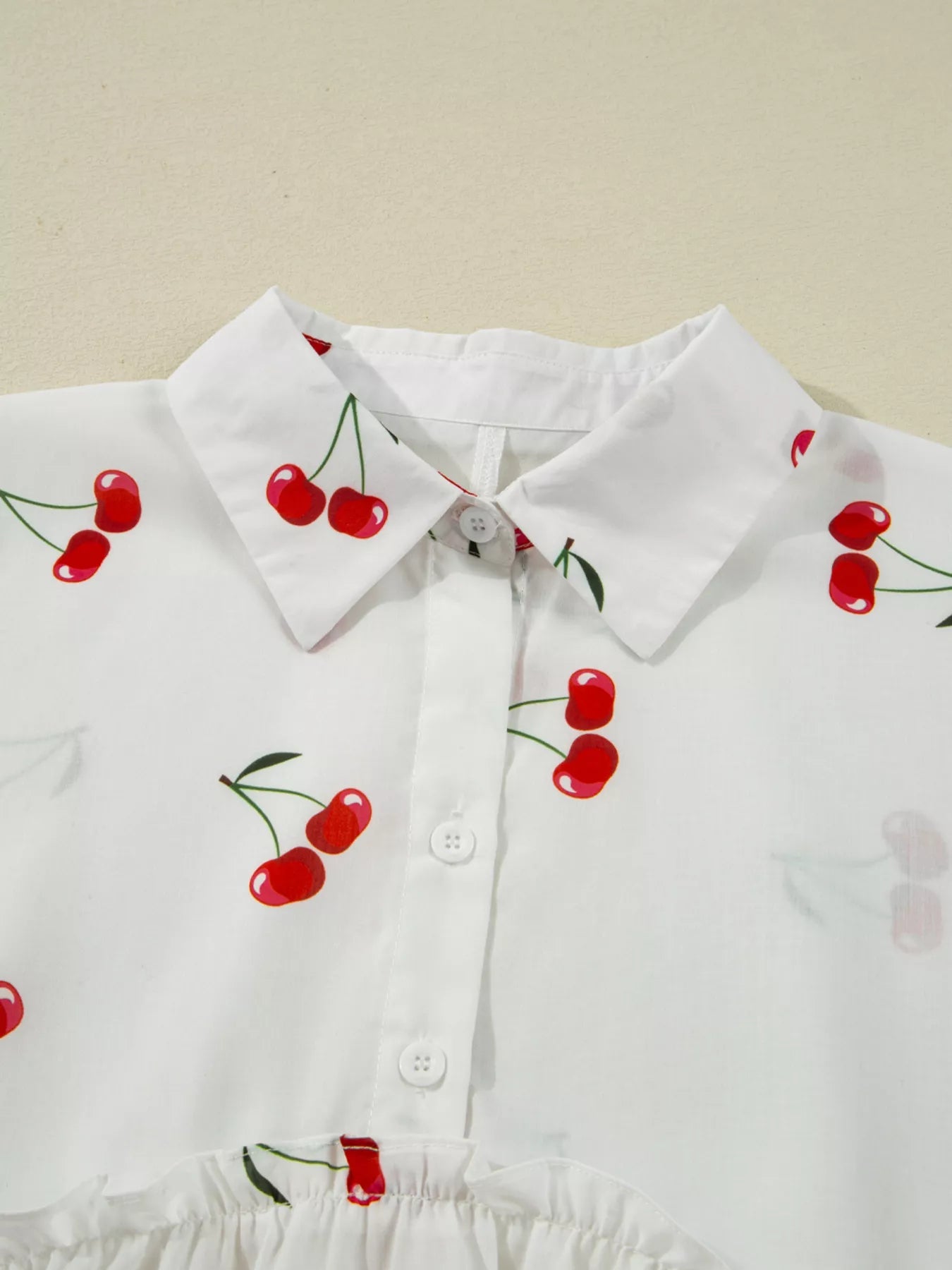 Cherry Print Flounce Sleeve Collared Frilled Babydoll Blouse designed for comfort and style at Lookzlike