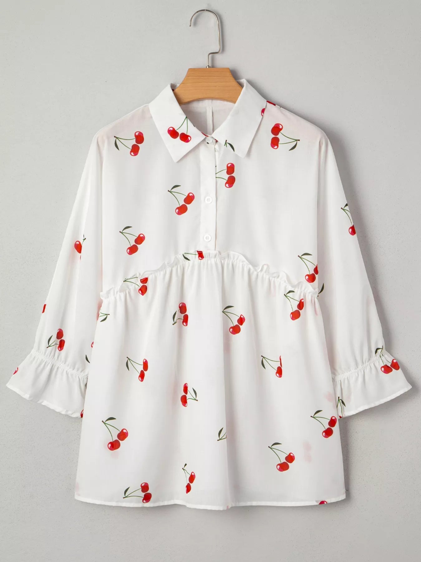Cherry Print Flounce Sleeve Collared Frilled Babydoll Blouse designed for comfort and style at Lookzlike