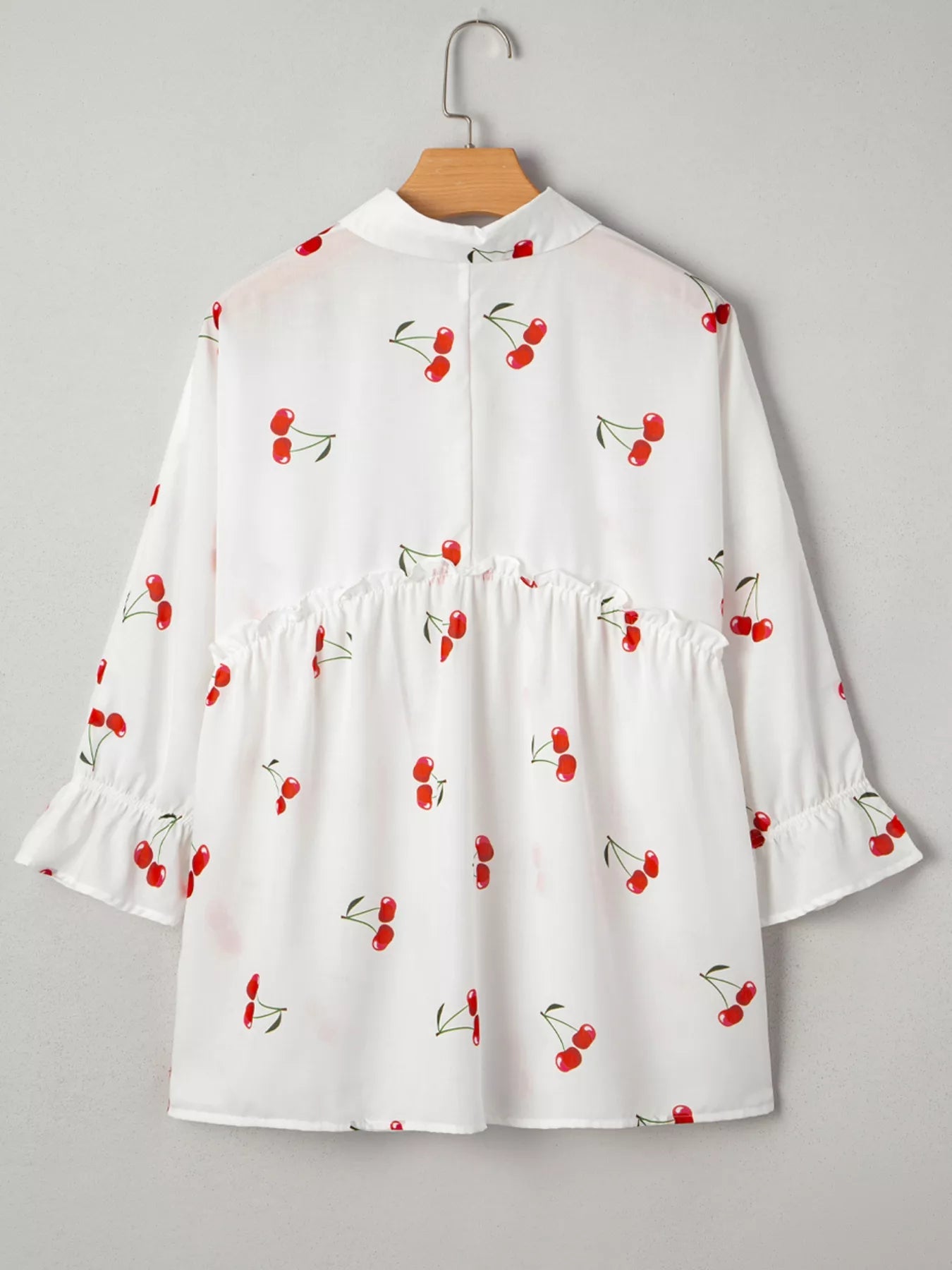 Cherry Print Flounce Sleeve Collared Frilled Babydoll Blouse designed for comfort and style at Lookzlike