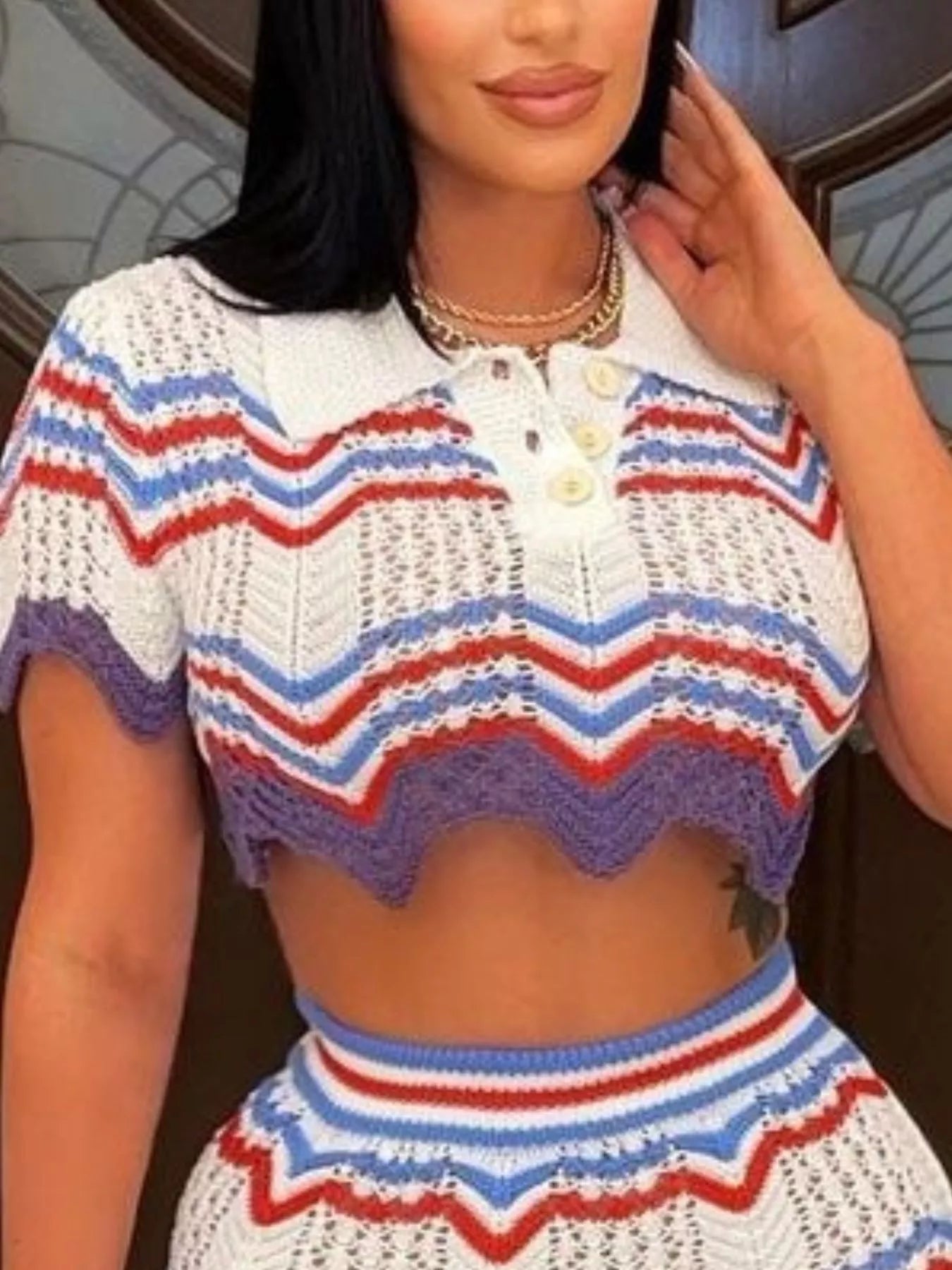 Chevron Knit Polo Crop Top and Mini Skirt Set designed for comfort and style at Lookzlike
