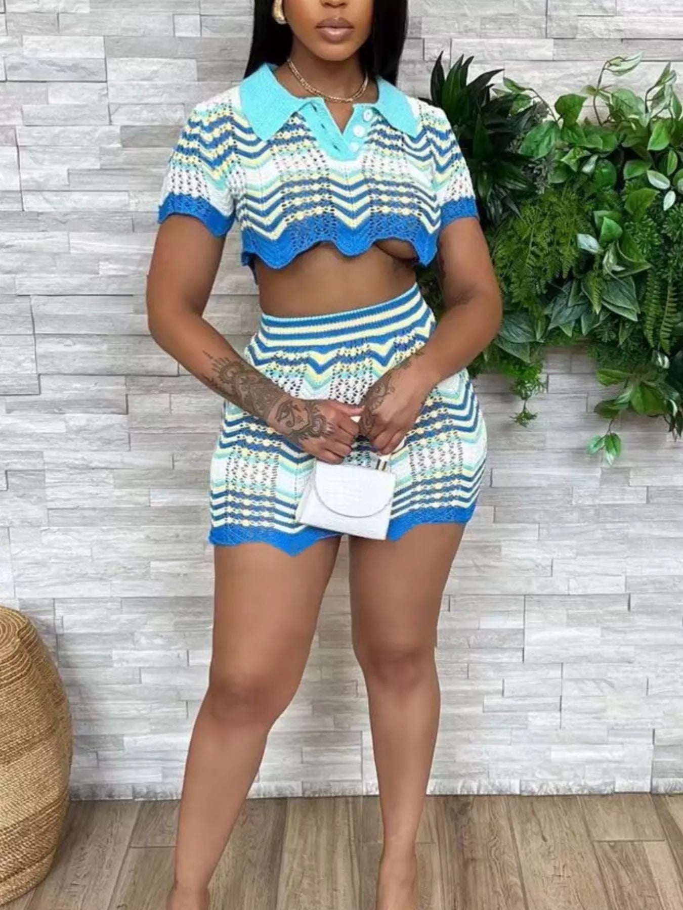 Chevron Knit Polo Crop Top and Mini Skirt Set designed for comfort and style at Lookzlike