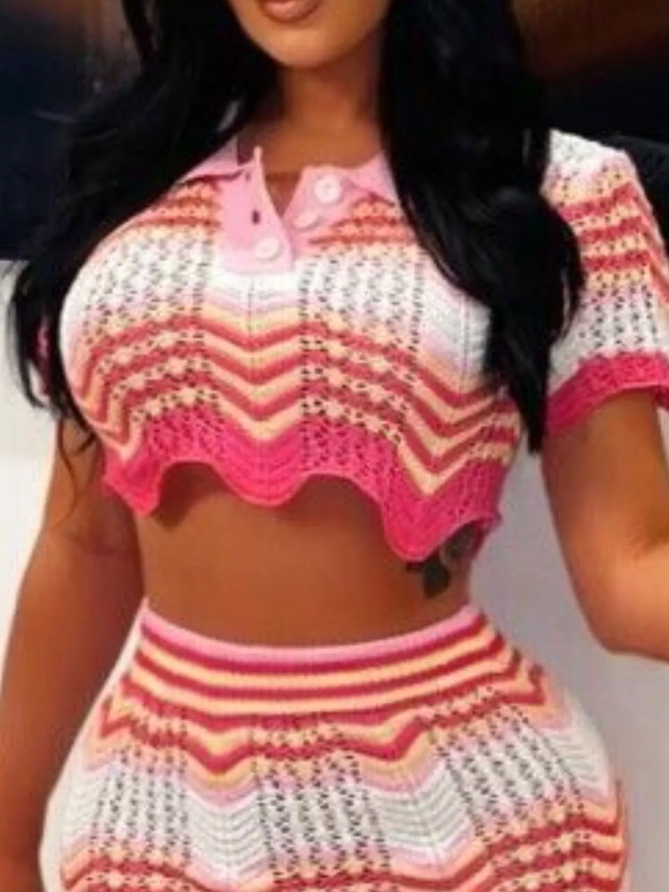 Chevron Knit Polo Crop Top and Mini Skirt Set designed for comfort and style at Lookzlike