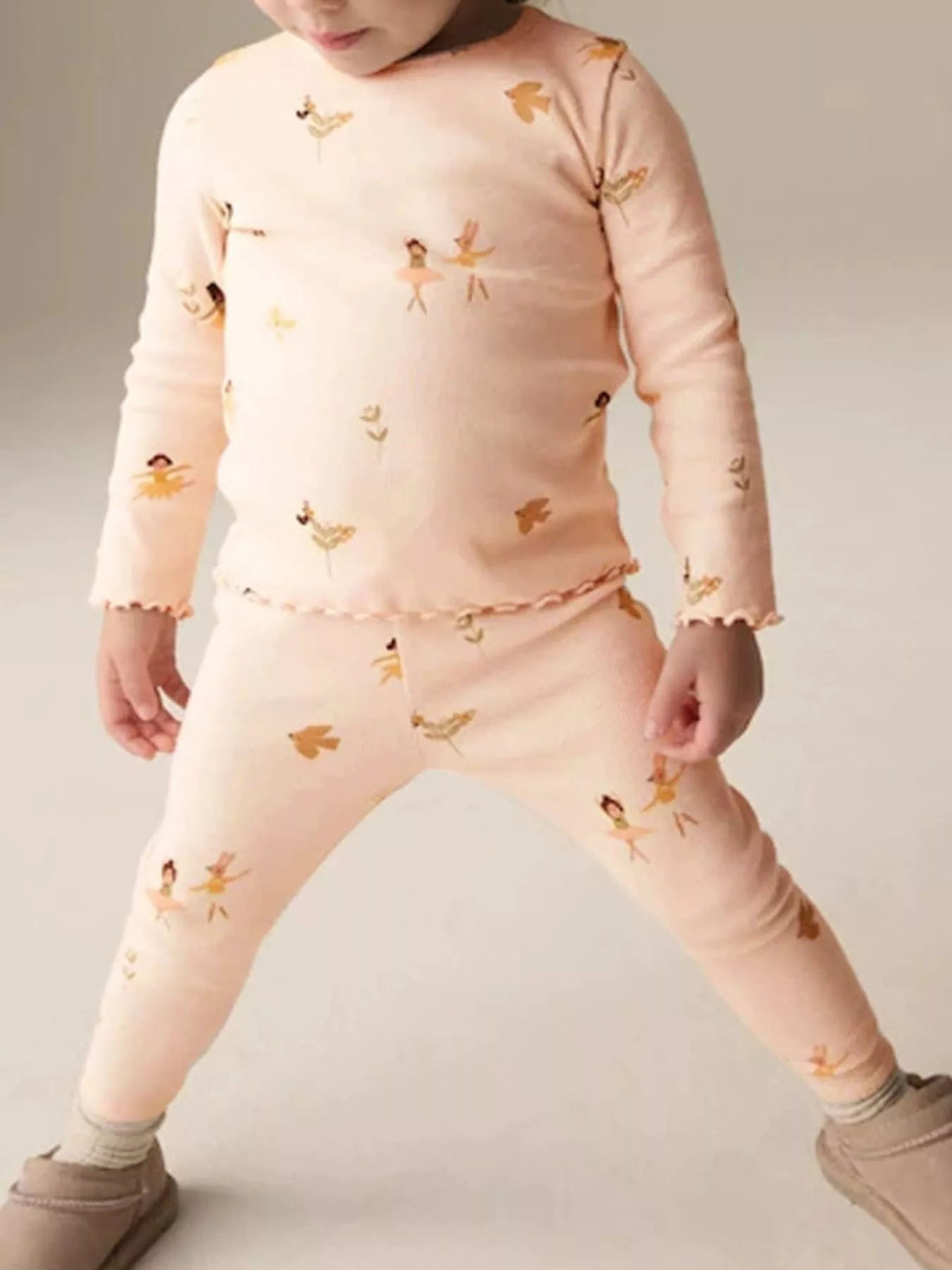 Children's Ballerina Print Round Neck Top and Pants Pajama Set designed for comfort and style at Lookzlike