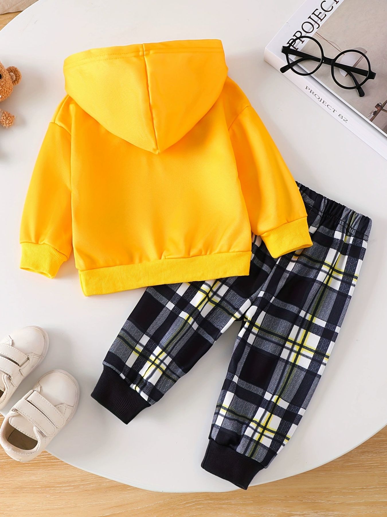 Children's Bear Graphic Hoodie & Plaid Pants Set designed for comfort and style at Lookzlike