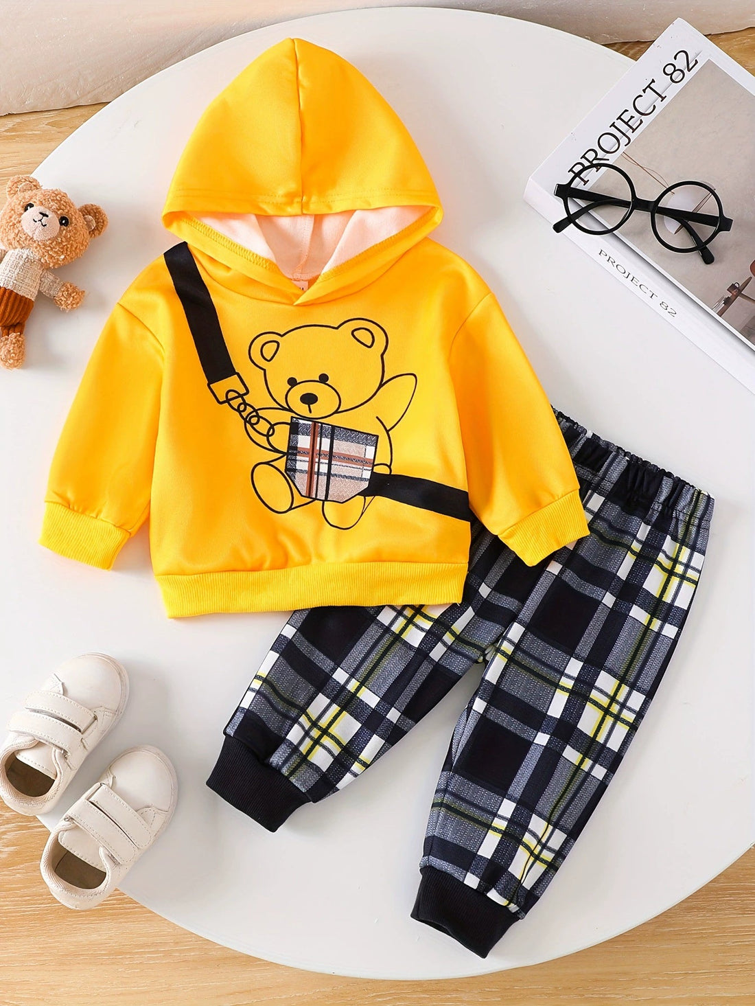 Children's Bear Graphic Hoodie & Plaid Pants Set designed for comfort and style at Lookzlike