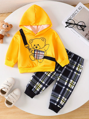 Children's Bear Graphic Hoodie & Plaid Pants Set designed for comfort and style at Lookzlike