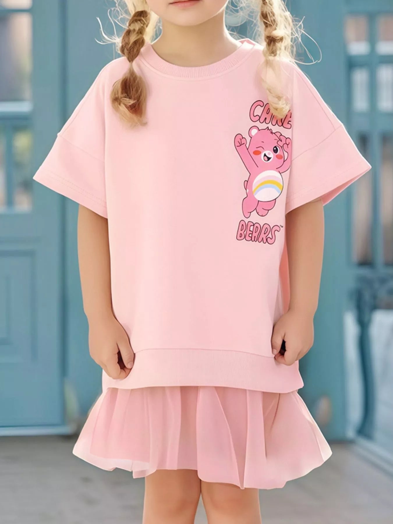 Children's Bear Graphic Short Sleeve Sweatshirt Dress designed for comfort and style at Lookzlike