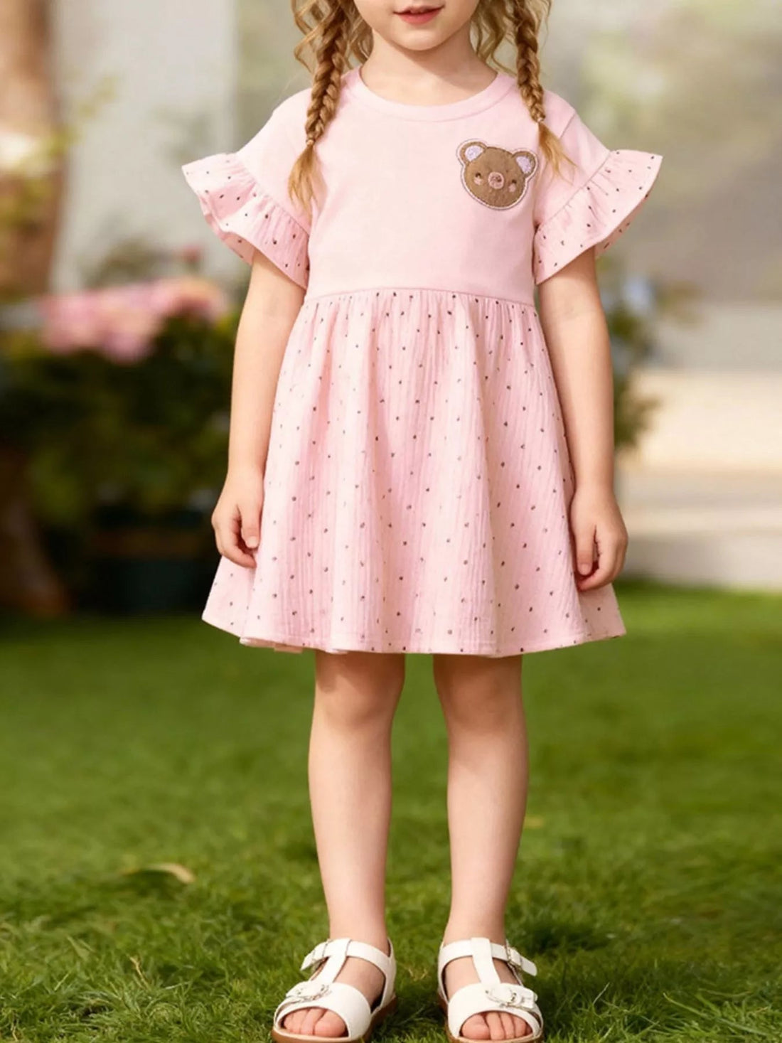 Children's Bear Ruffle Short Sleeve Dress designed for comfort and style at Lookzlike
