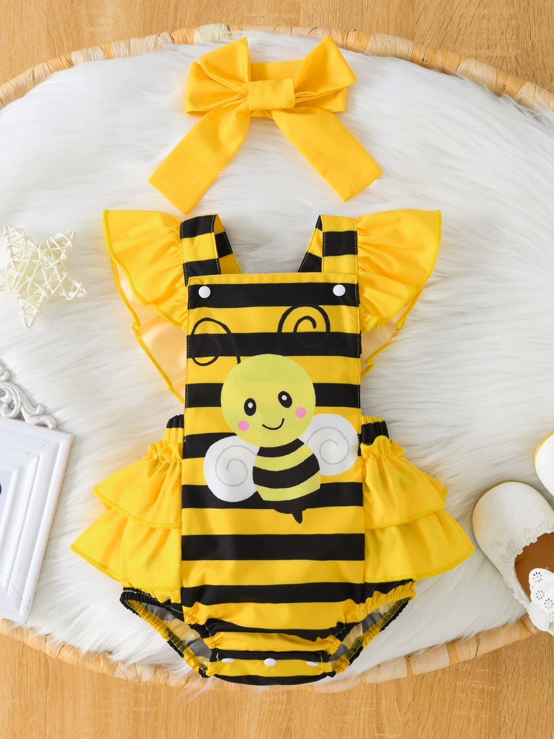 Children's Bee Striped Ruffle Bodysuit Dress with Headband designed for comfort and style at Lookzlike