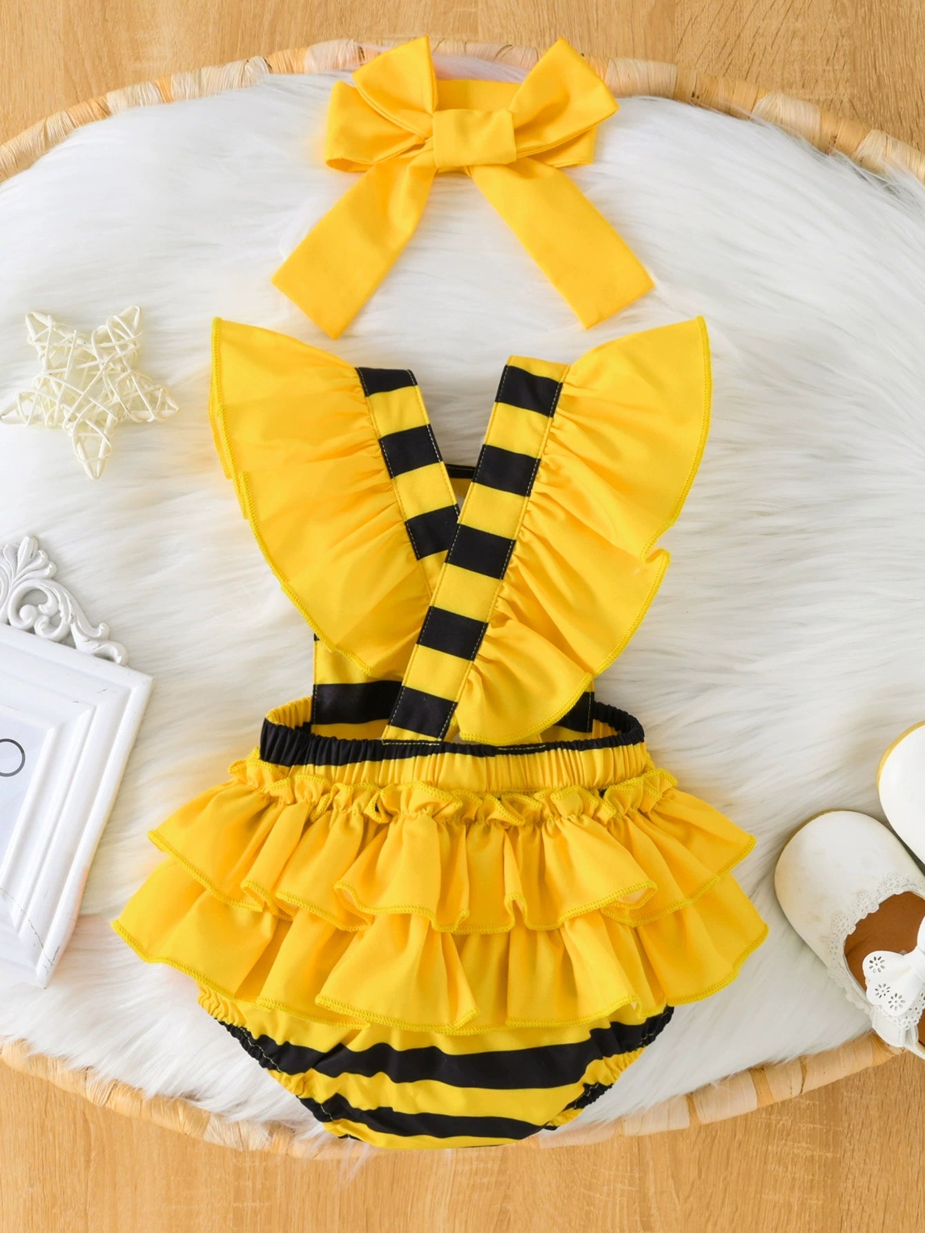 Children's Bee Striped Ruffle Bodysuit Dress with Headband designed for comfort and style at Lookzlike