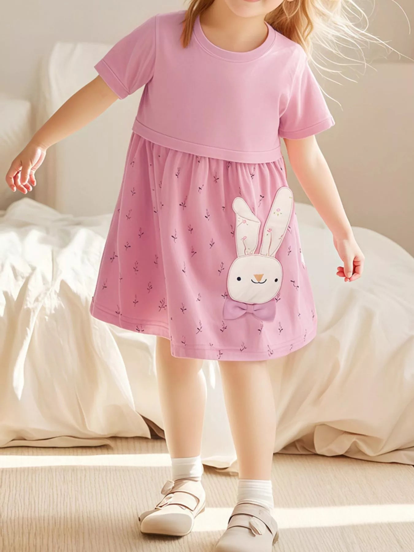 Children's Bunny Round Neck Short Sleeve Dress designed for comfort and style at Lookzlike