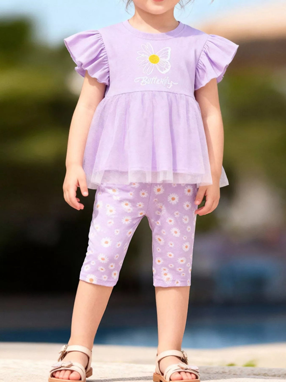 Children's Butterfly Ruffle Sleeve Top & Daisy Print Leggings Set designed for comfort and style at Lookzlike
