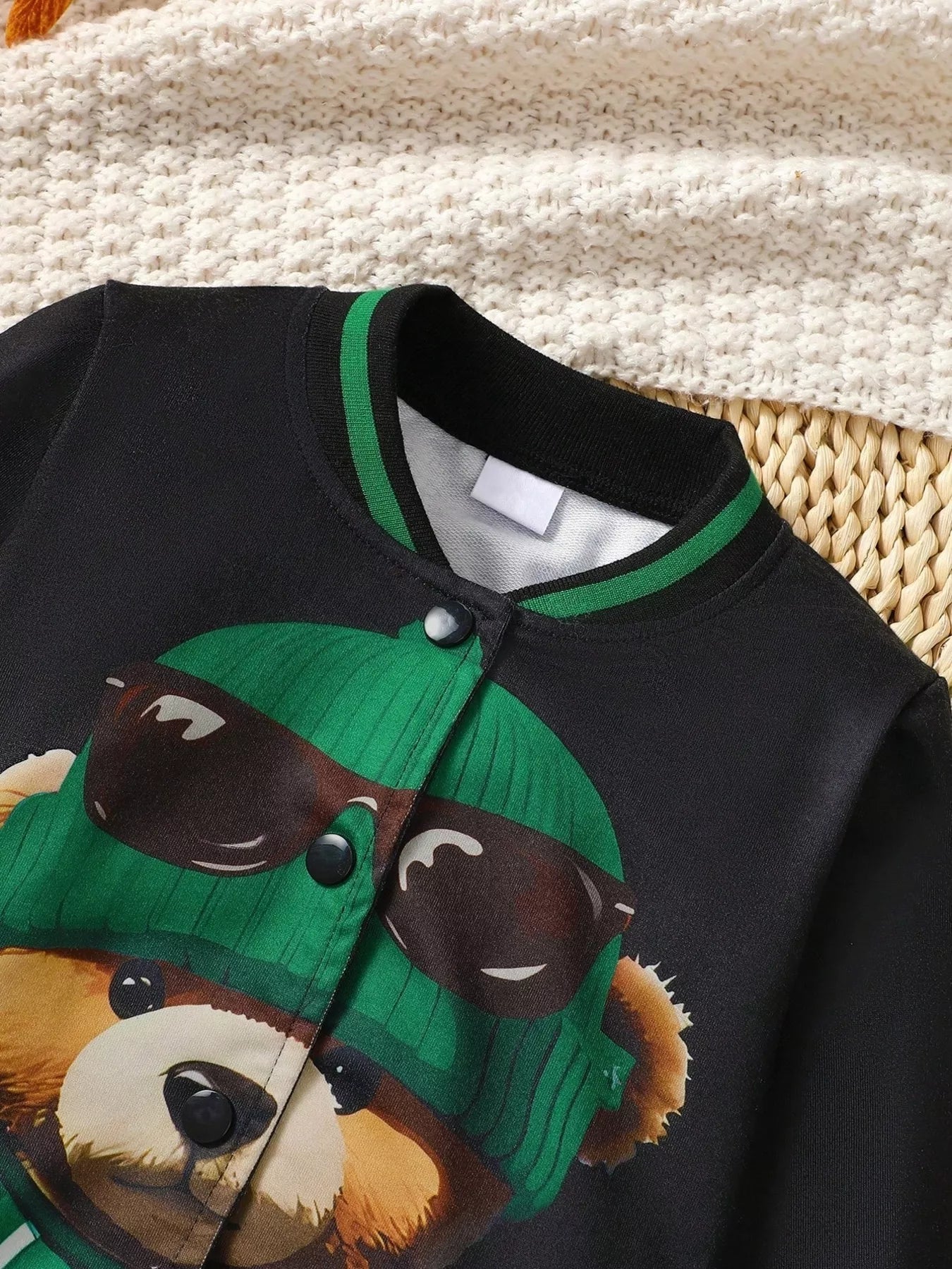 Children's Cartoon Bear Graphic Baseball Jacket designed for comfort and style at Lookzlike