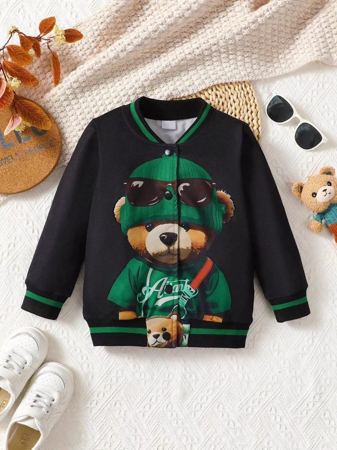 Children's Cartoon Bear Graphic Baseball Jacket designed for comfort and style at Lookzlike