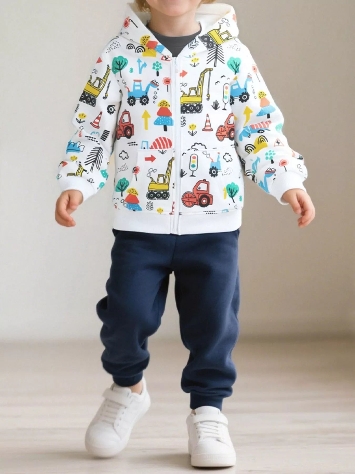 Children's Cartoon Construction Vehicle Print Zip - Up Jacket designed for comfort and style at Lookzlike