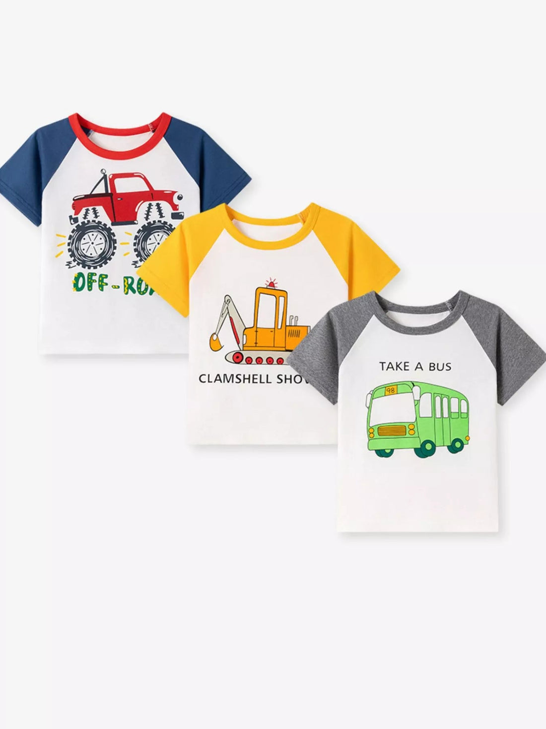 Children's Cartoon Vehicle Graphic Raglan Sleeve T-Shirts designed for comfort and style at Lookzlike