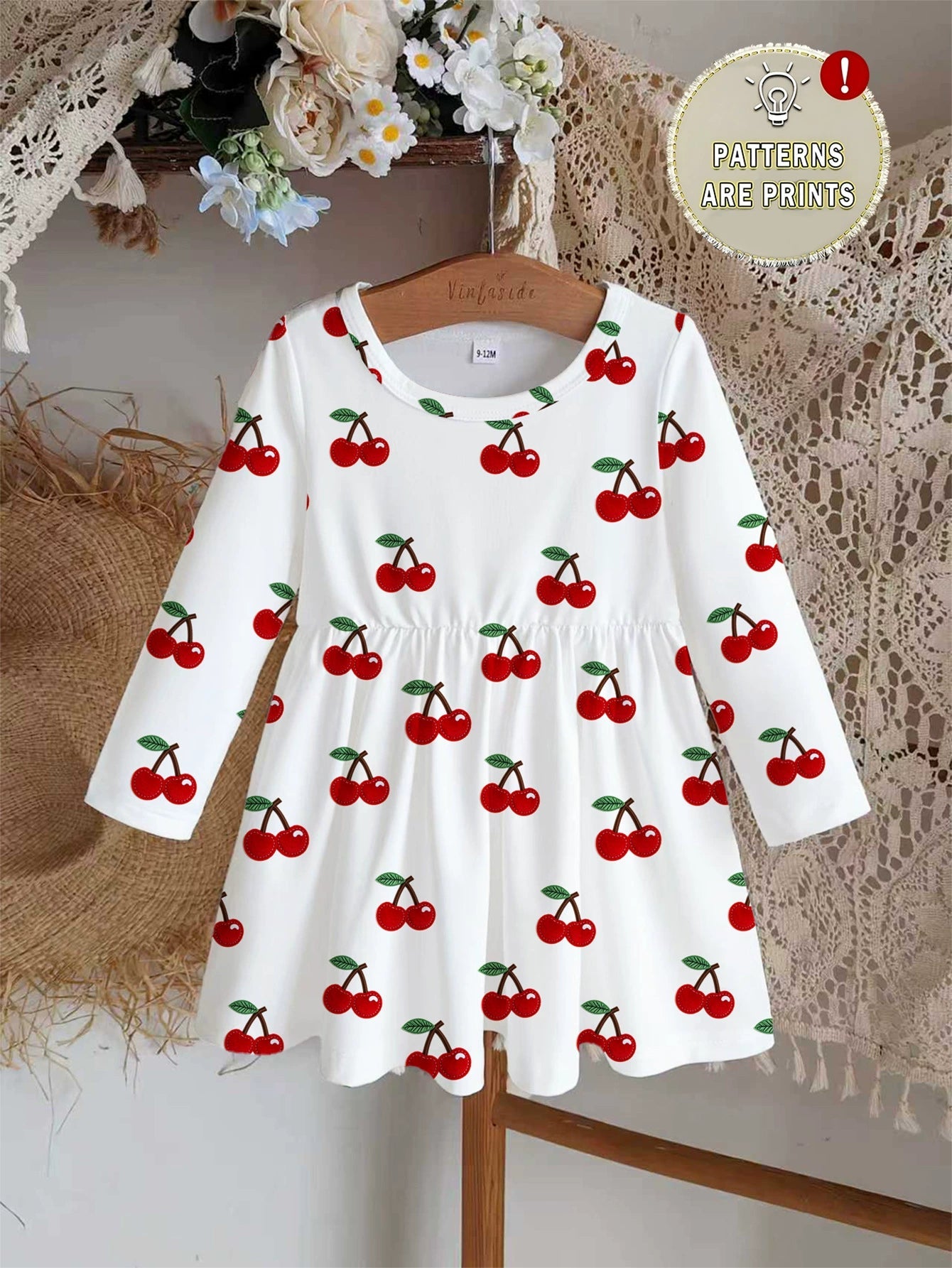 Children's Cherry Print Long Sleeve Casual Dress designed for comfort and style at Lookzlike