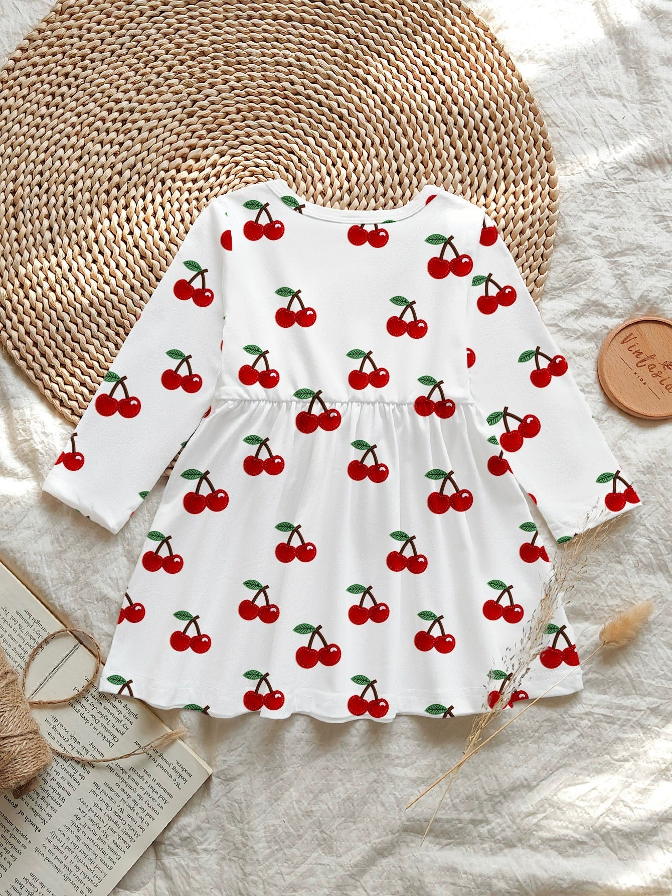Children's Cherry Print Long Sleeve Casual Dress designed for comfort and style at Lookzlike