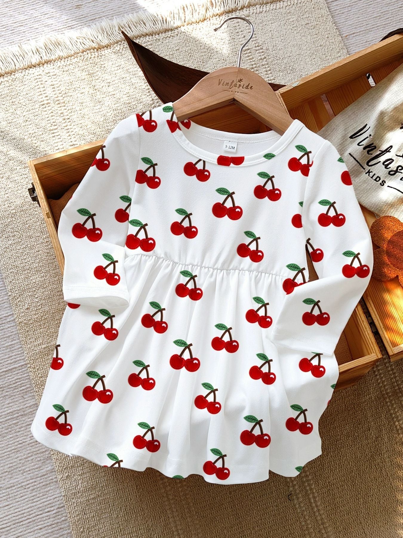 Children's Cherry Print Long Sleeve Casual Dress designed for comfort and style at Lookzlike