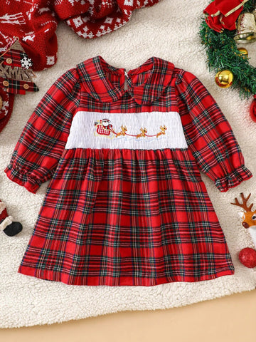 Children's Christmas Plaid Embroidered Smocked Dress designed for comfort and style at Lookzlike