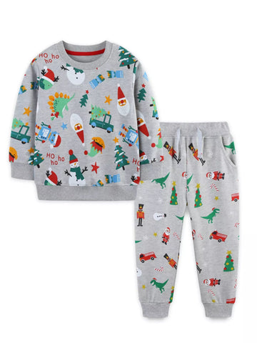 Children's Christmas Print Round Neck Top and Pants Set designed for comfort and style at Lookzlike