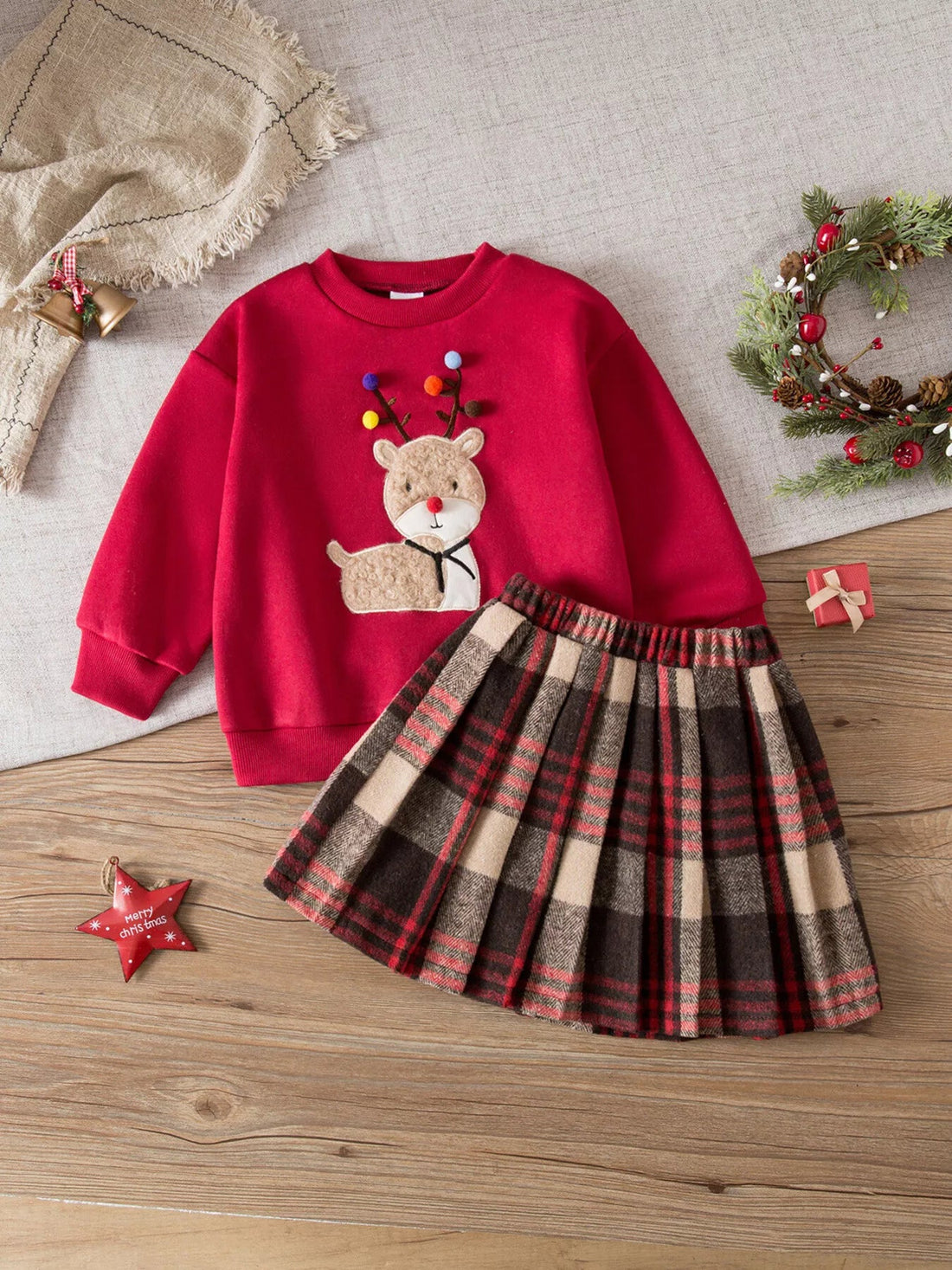 Children's Christmas Reindeer Sweatshirt & Plaid Skirt Set designed for comfort and style at Lookzlike