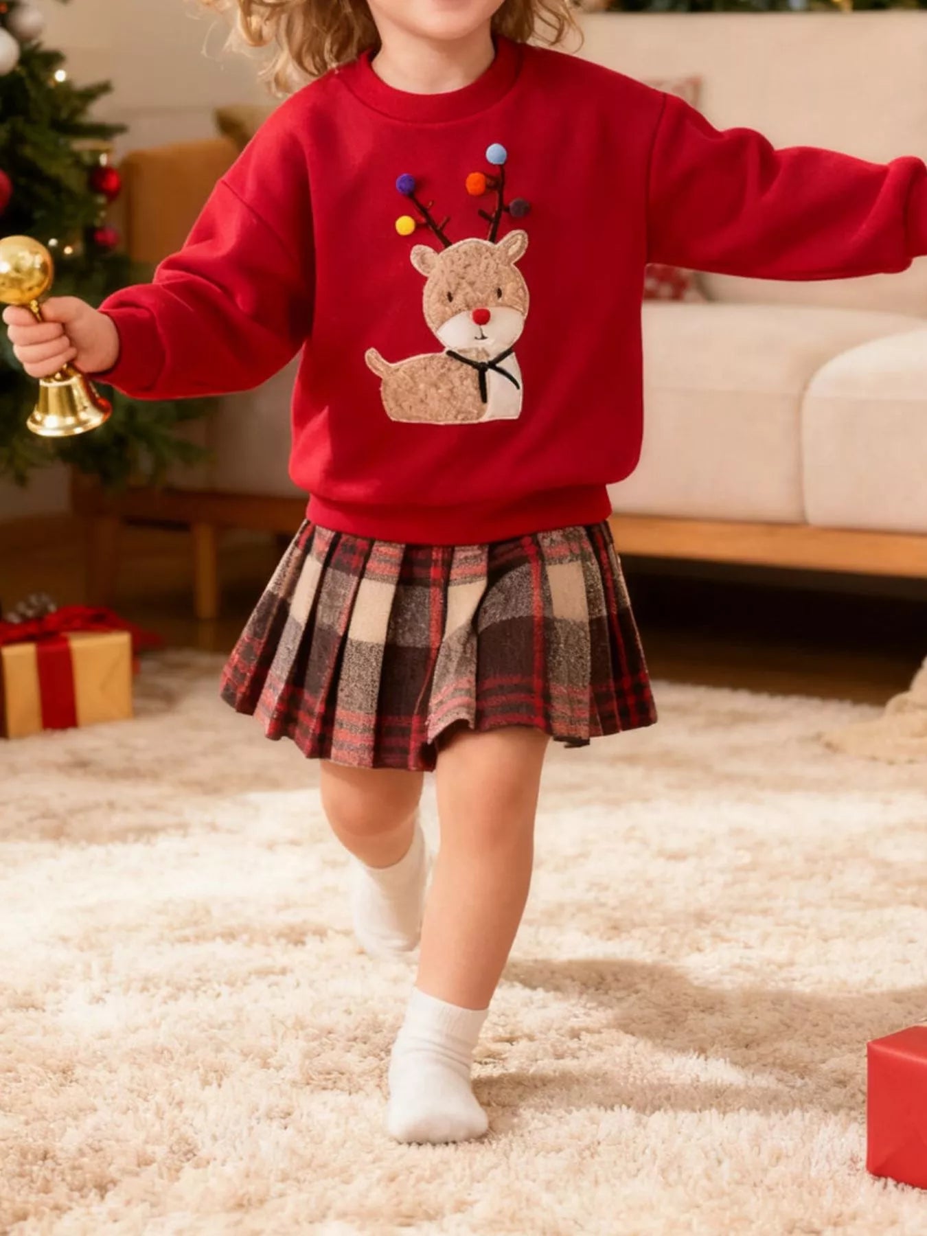Children's Christmas Reindeer Sweatshirt & Plaid Skirt Set designed for comfort and style at Lookzlike