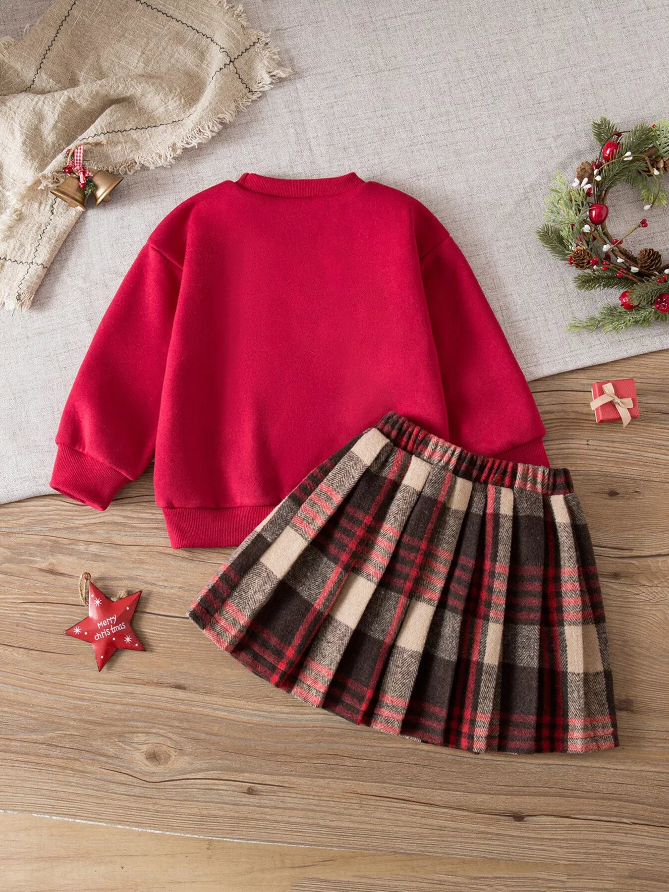 Children's Christmas Reindeer Sweatshirt & Plaid Skirt Set designed for comfort and style at Lookzlike