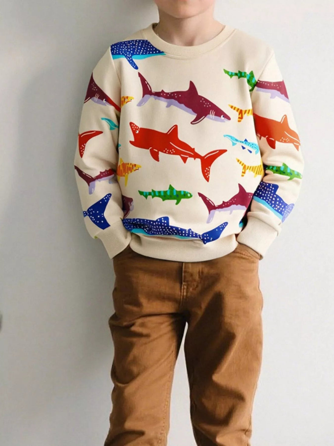 Children's Colorful Shark Print Crewneck Sweatshirt designed for comfort and style at Lookzlike