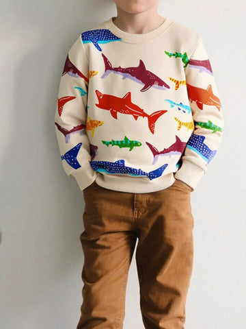 Children's Colorful Shark Print Crewneck Sweatshirt designed for comfort and style at Lookzlike