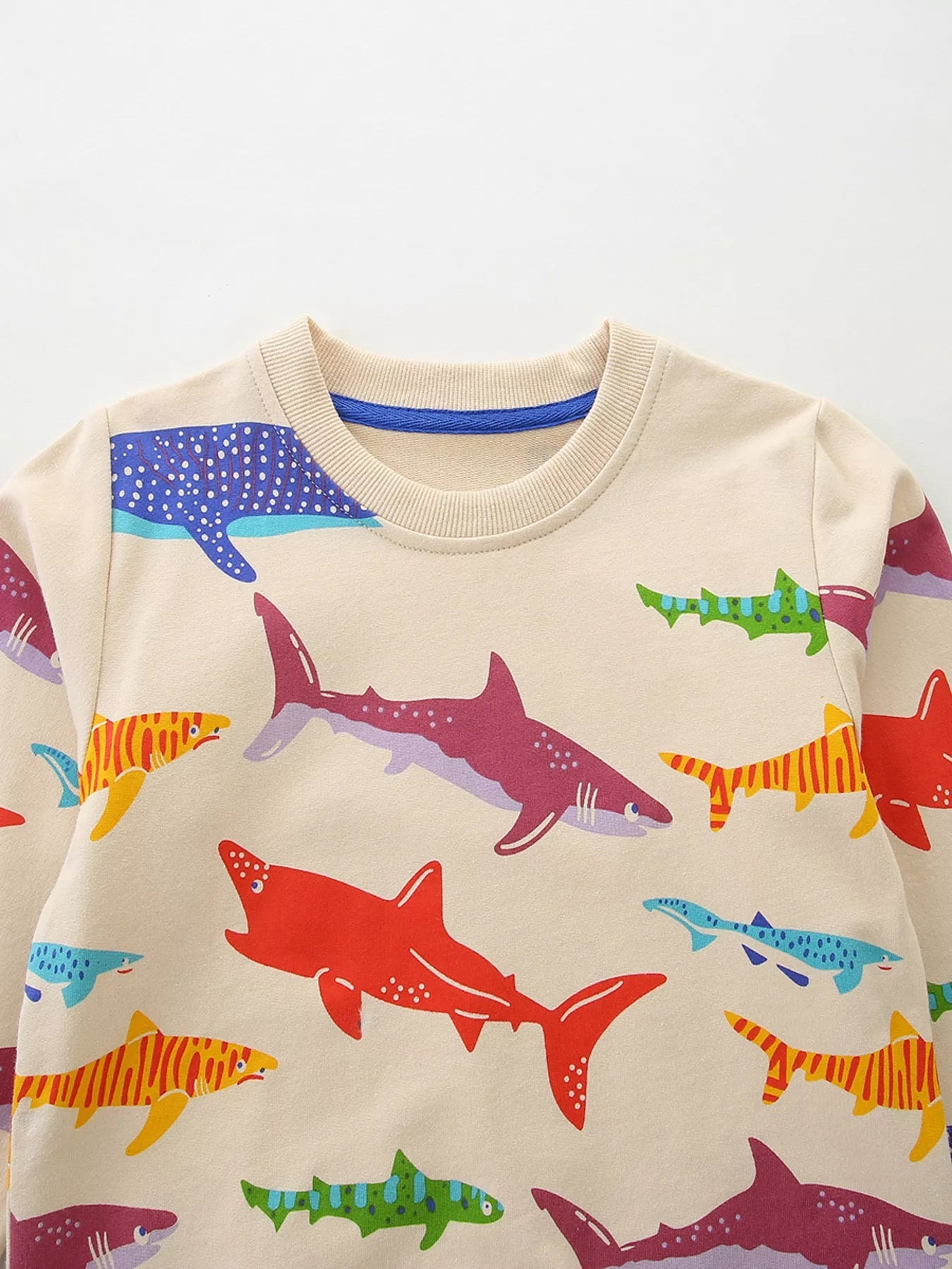 Children's Colorful Shark Print Crewneck Sweatshirt designed for comfort and style at Lookzlike