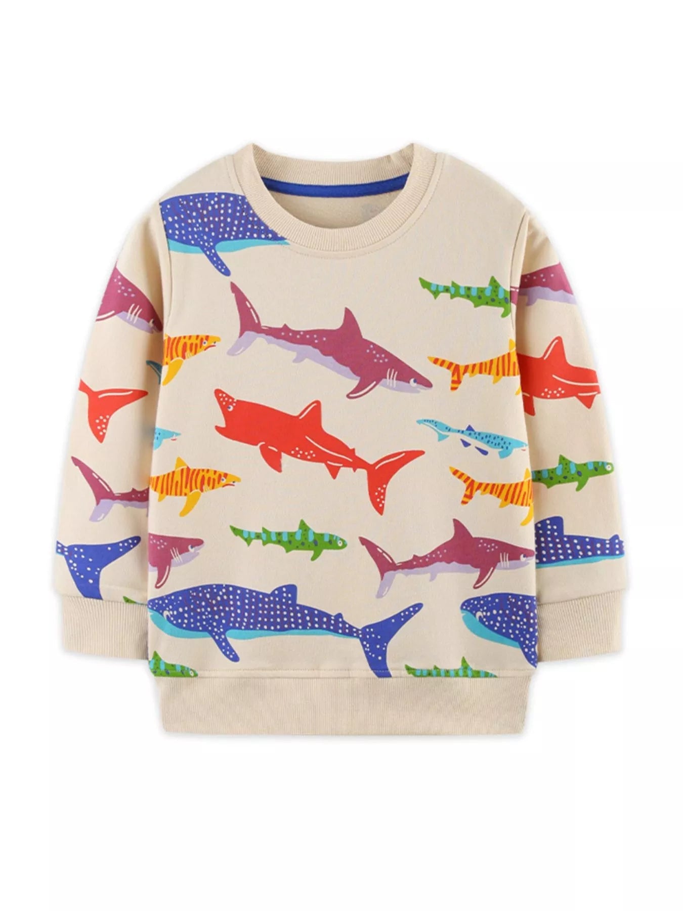 Children's Colorful Shark Print Crewneck Sweatshirt designed for comfort and style at Lookzlike