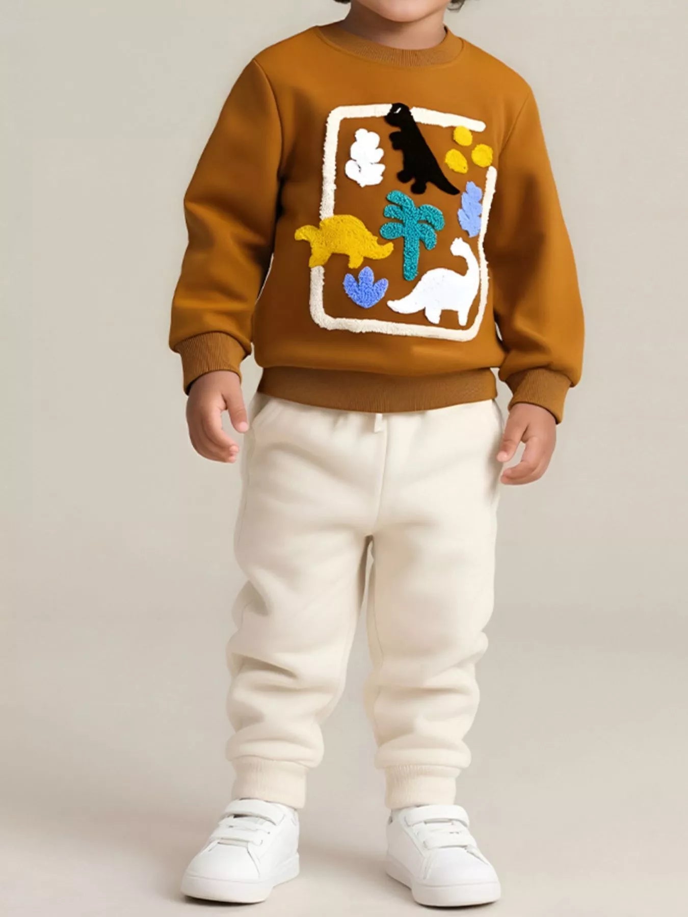 Children's Dinosaur Applique Crew Neck Sweatshirt designed for comfort and style at Lookzlike