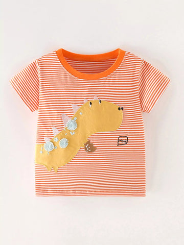 Children's Dinosaur Applique Striped T-Shirt designed for comfort and style at Lookzlike