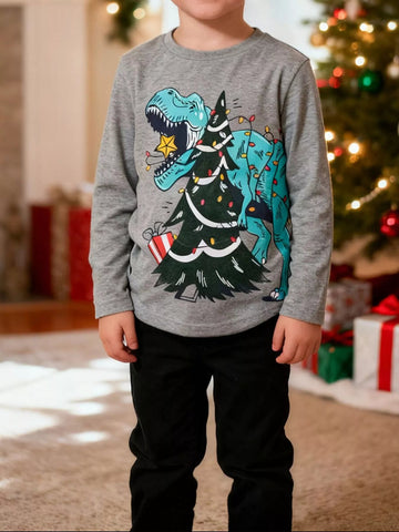 Children's Dinosaur Christmas Tree Graphic Long Sleeve T-Shirt designed for comfort and style at Lookzlike