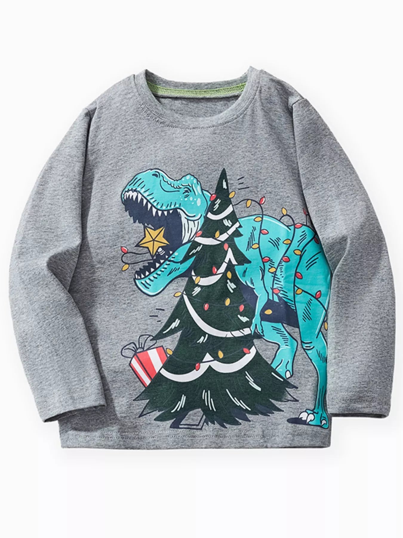 Children's Dinosaur Christmas Tree Graphic Long Sleeve T-Shirt designed for comfort and style at Lookzlike