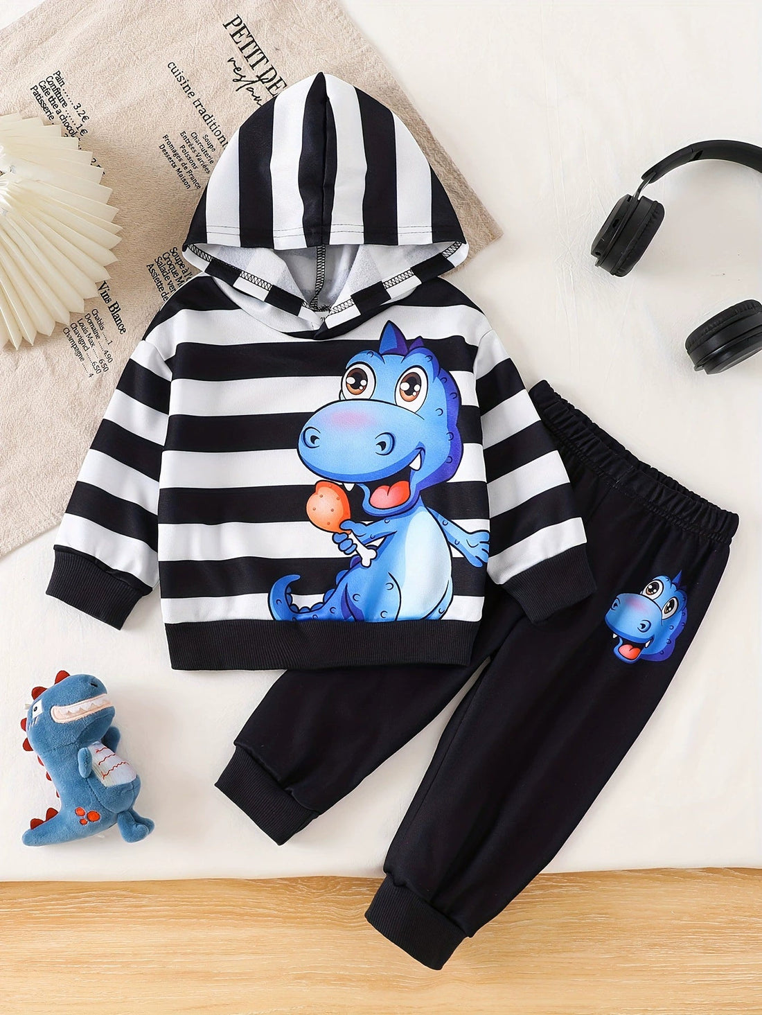 Children's Dinosaur Striped Hoodie & Pants Set designed for comfort and style at Lookzlike
