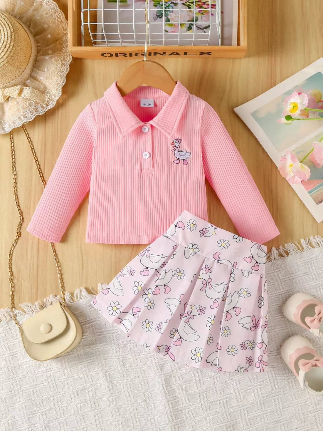 Children's Embroidered Ribbed Polo Shirt & Pleated Skirt Set designed for comfort and style at Lookzlike