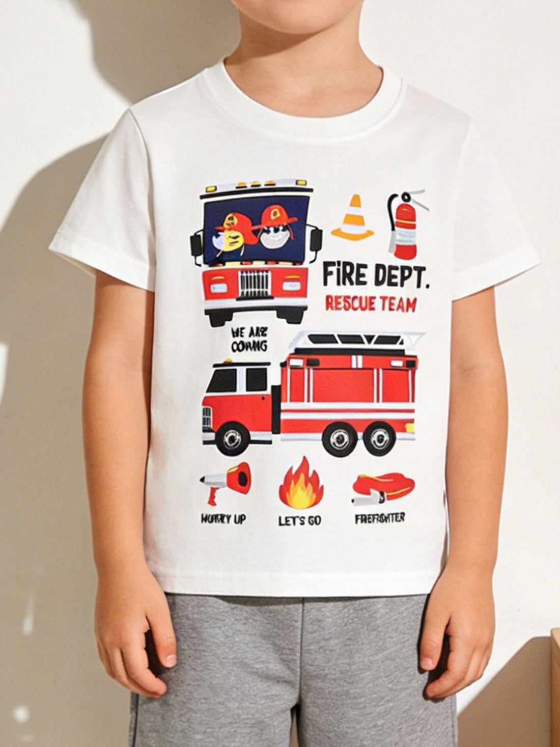 Children's Fire Truck Graphic Crew Neck T-Shirt designed for comfort and style at Lookzlike