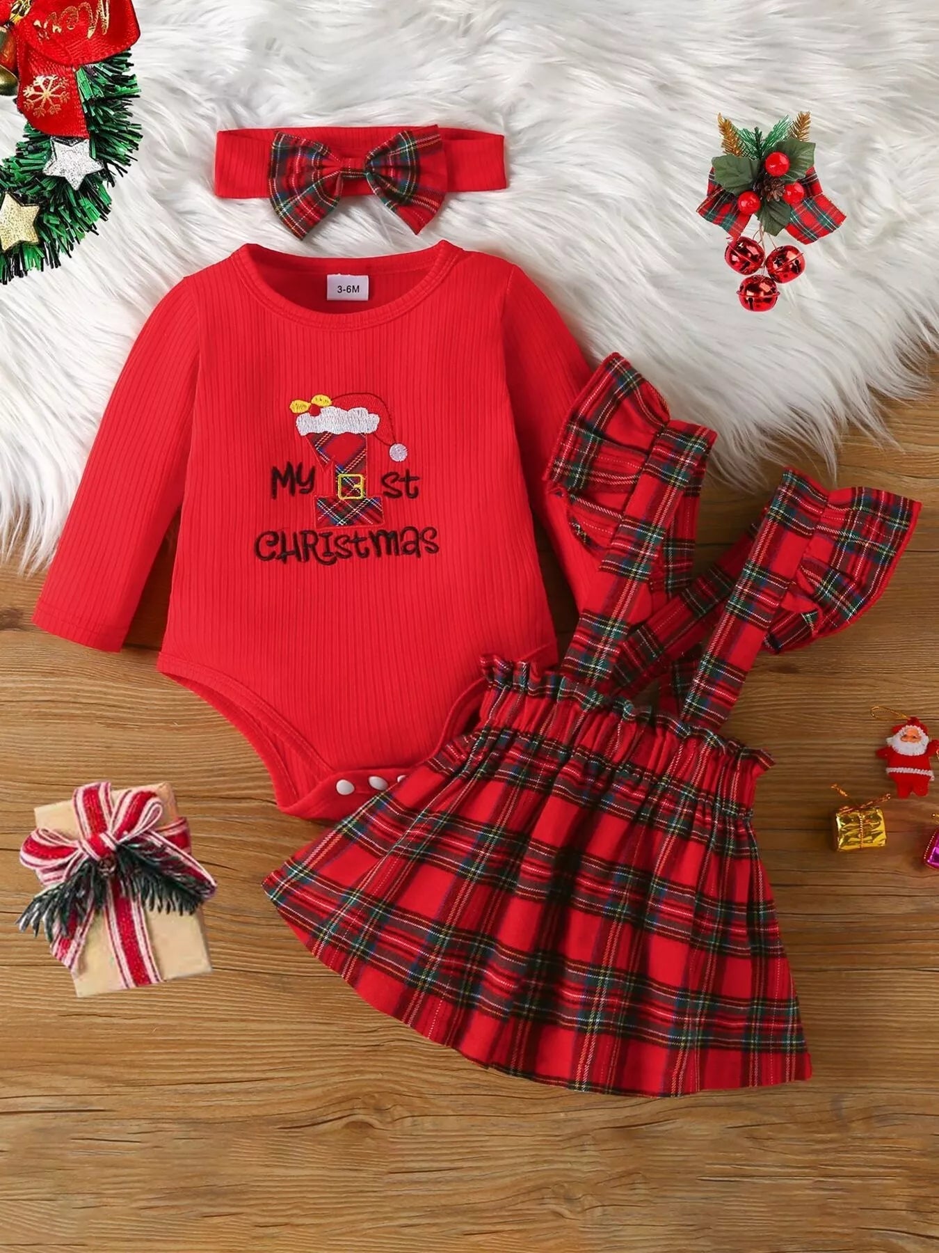 Children's First Christmas Bodysuit and Plaid Dress Outfit Set with Headband designed for comfort and style at Lookzlike