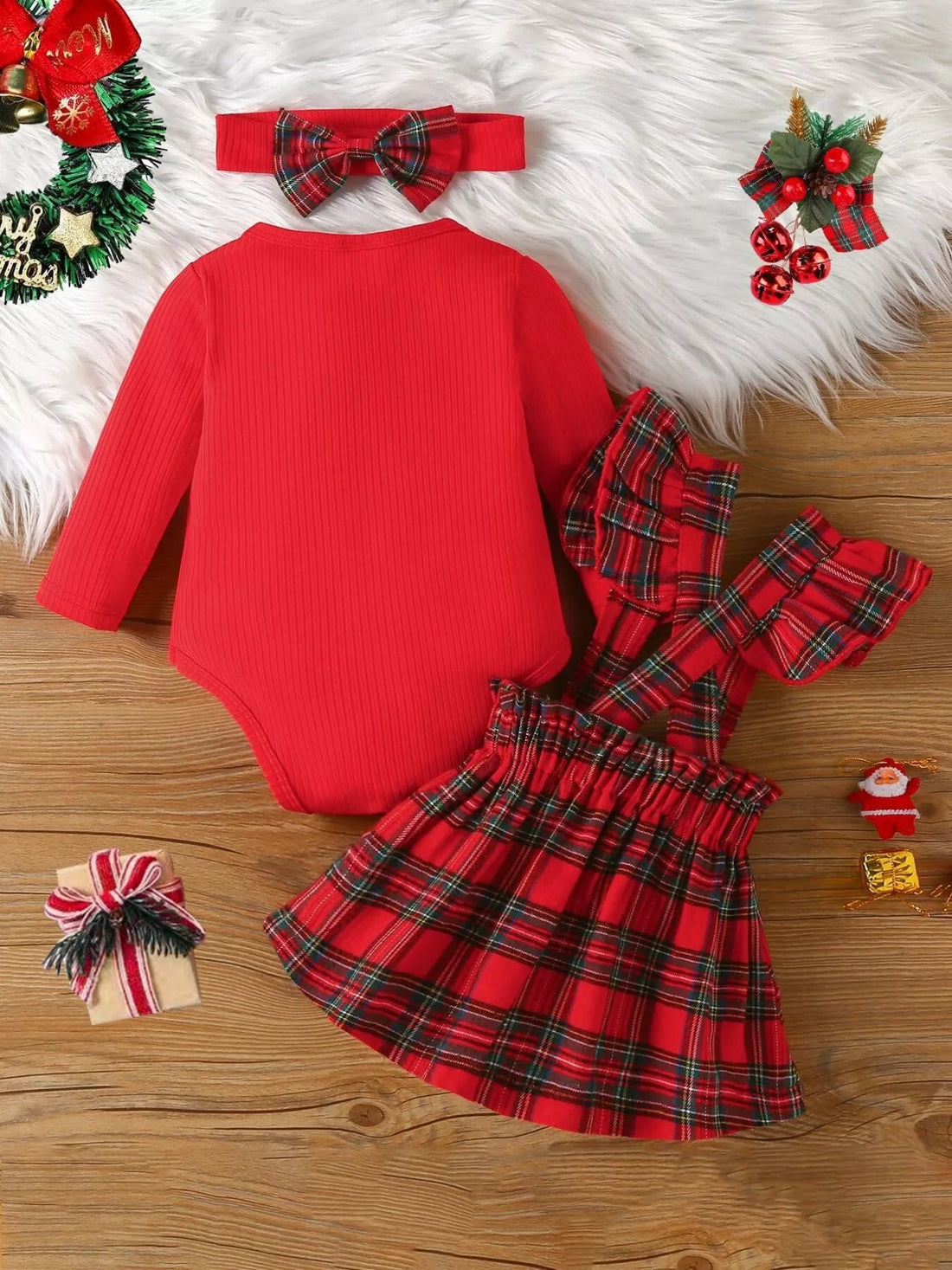 Children's First Christmas Bodysuit and Plaid Dress Outfit Set with Headband designed for comfort and style at Lookzlike