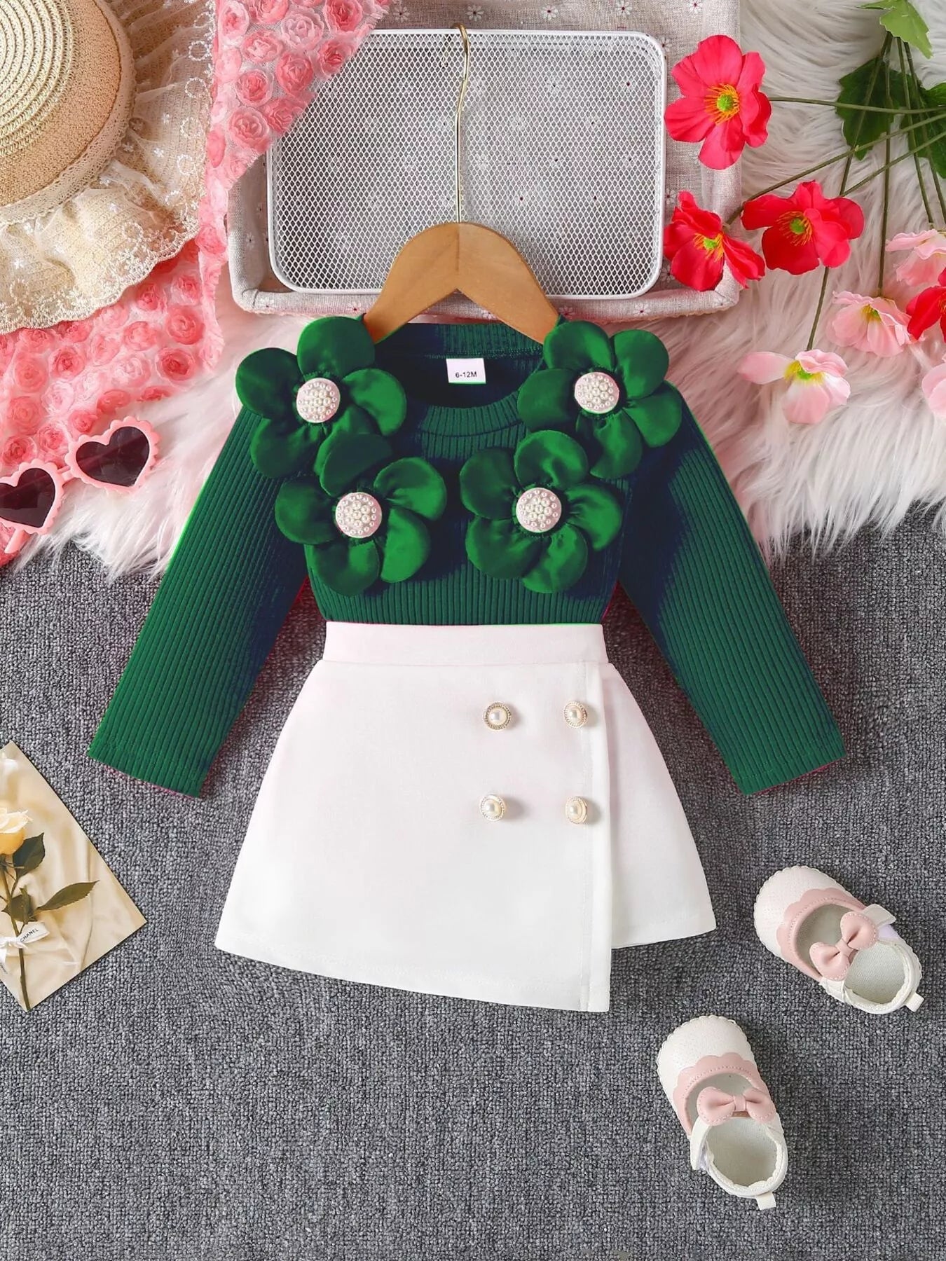 Children's Floral Applique Ribbed Top & Button Decor Skirt Set designed for comfort and style at Lookzlike