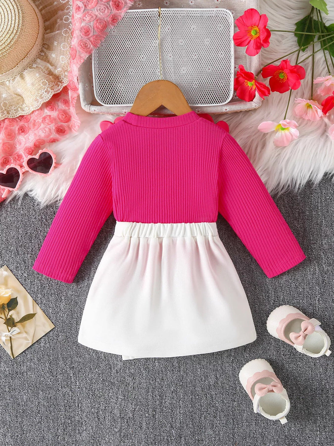 Children's Floral Applique Ribbed Top & Button Decor Skirt Set designed for comfort and style at Lookzlike