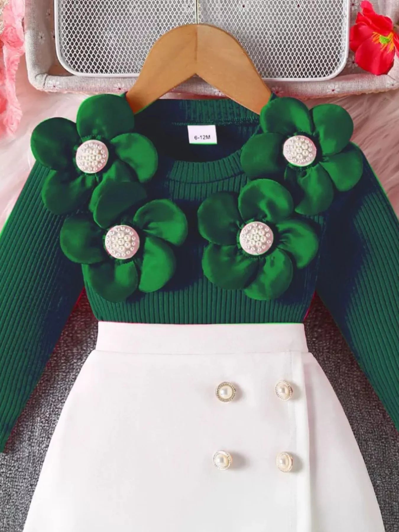 Children's Floral Applique Ribbed Top & Button Decor Skirt Set designed for comfort and style at Lookzlike