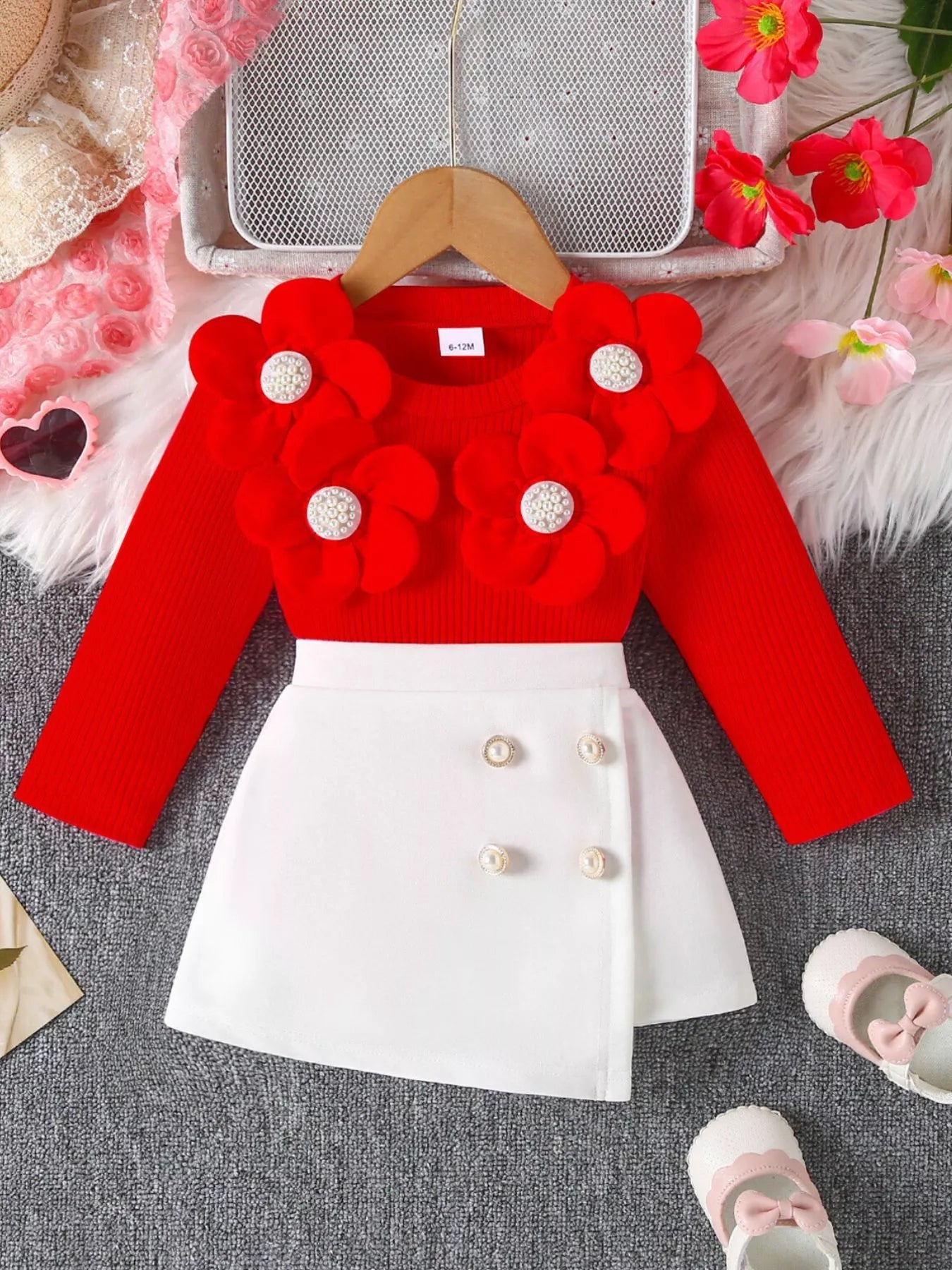 Children's Floral Applique Ribbed Top & Button Decor Skirt Set designed for comfort and style at Lookzlike