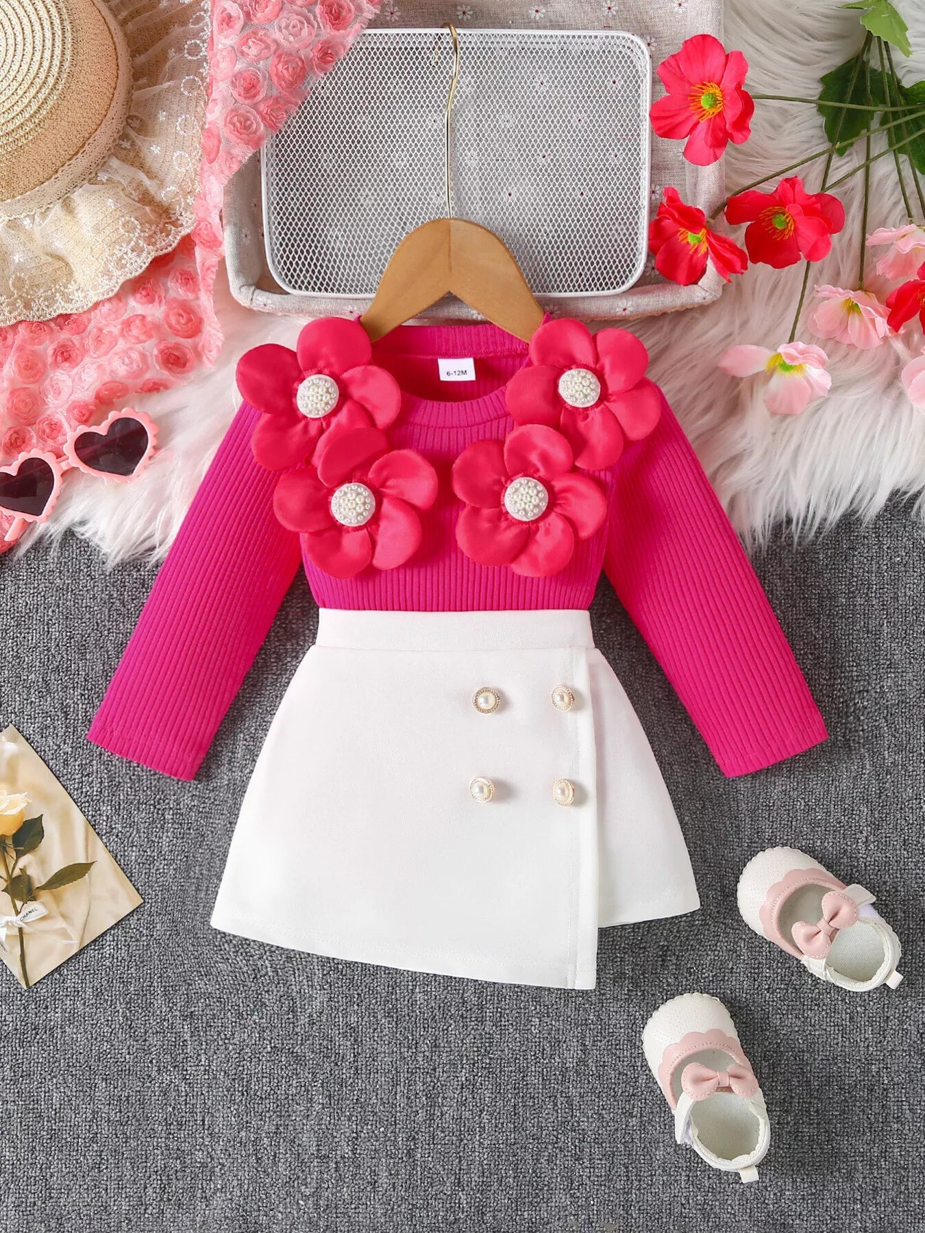 Children's Floral Applique Ribbed Top & Button Decor Skirt Set designed for comfort and style at Lookzlike