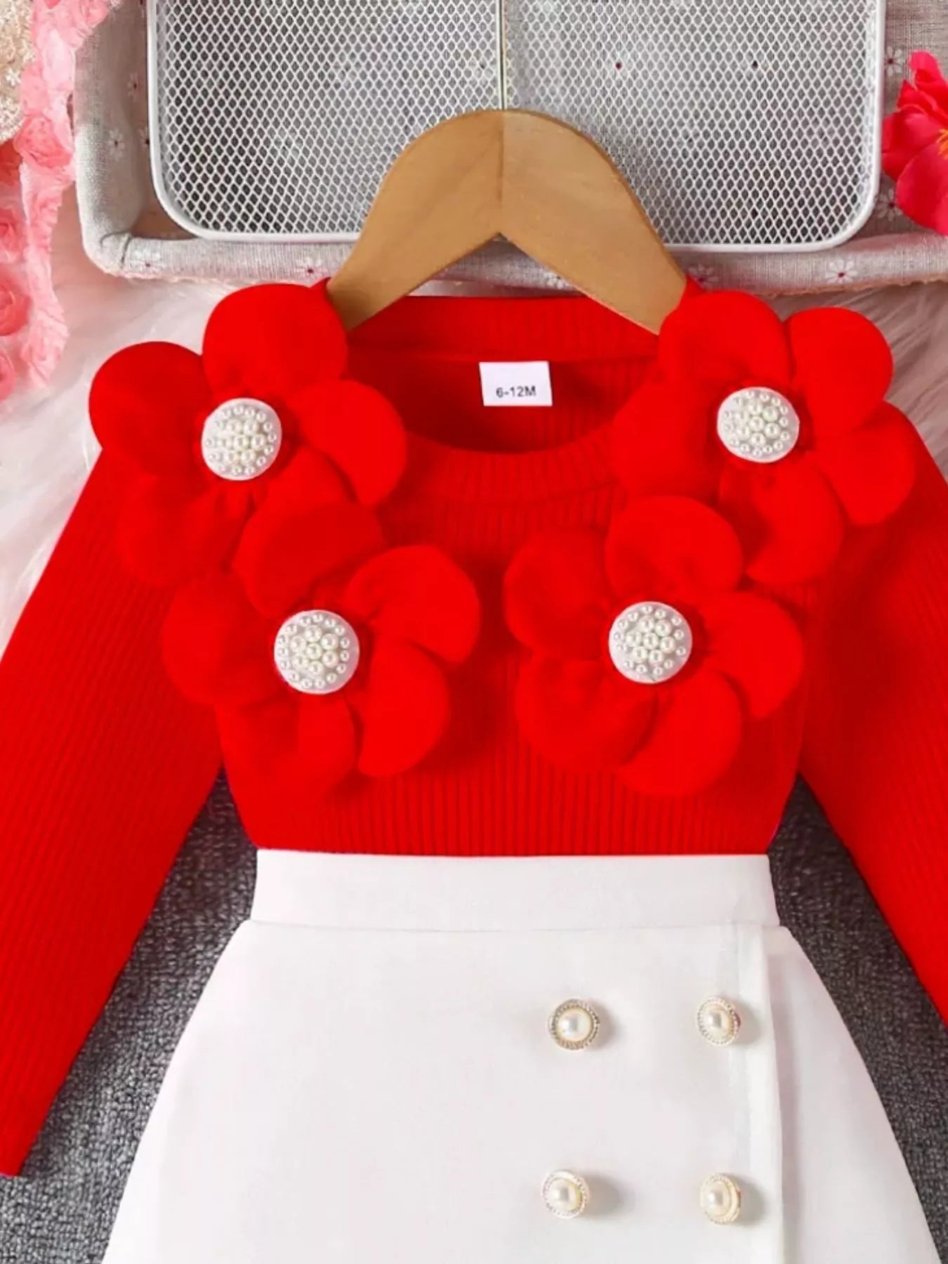 Children's Floral Applique Ribbed Top & Button Decor Skirt Set designed for comfort and style at Lookzlike