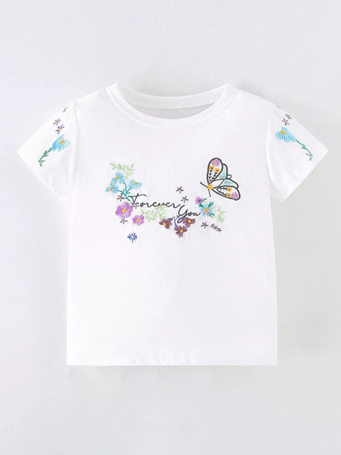 Children's Floral Butterfly Embroidered Short Sleeve T-Shirt designed for comfort and style at Lookzlike